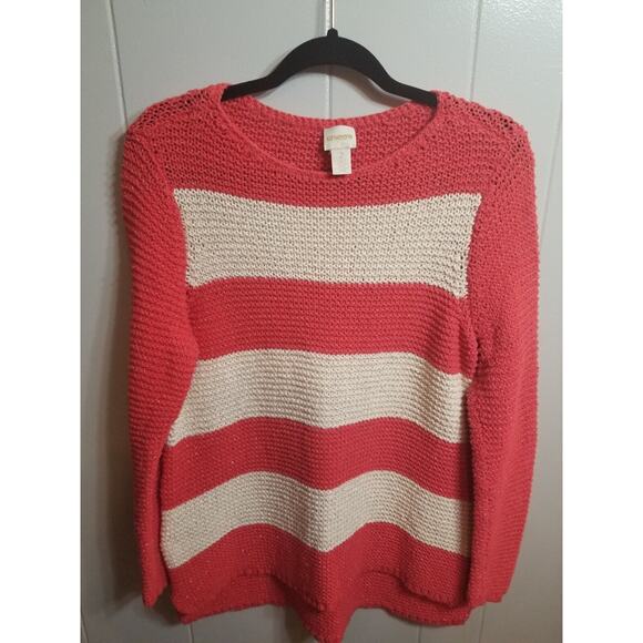 Chico's Sweaters - Chico's Women's Size 2 Coral/Ivory Metallic Striped Open knit Coastal‎ Sweater